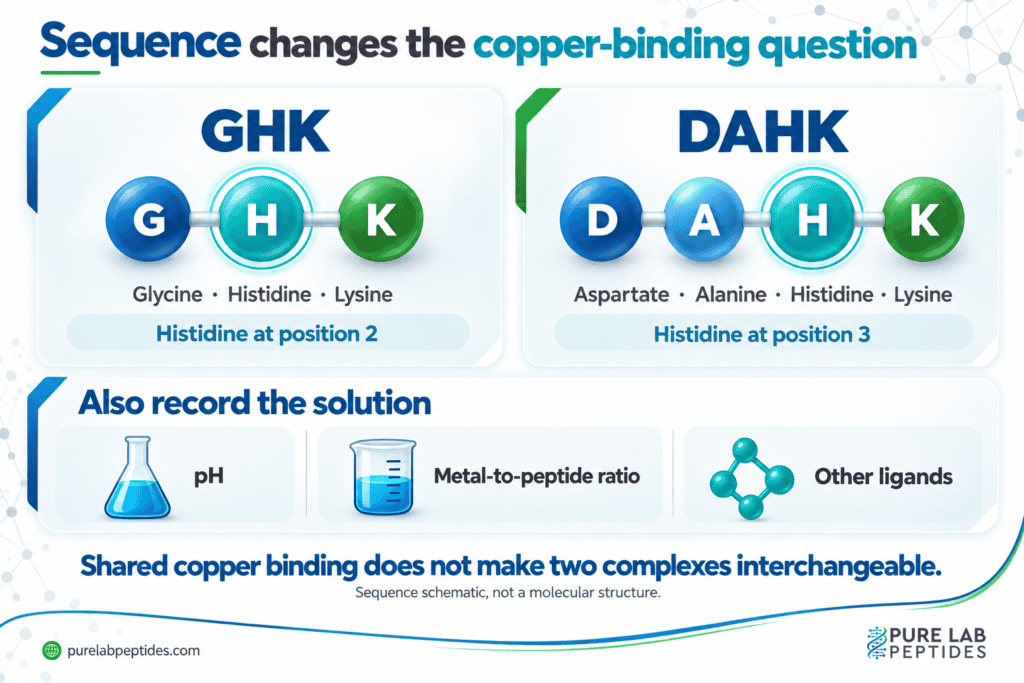 GHK is glycine-histidine-lysine; DAHK is aspartate-alanine-histidine-lysine, with histidine at different positions.